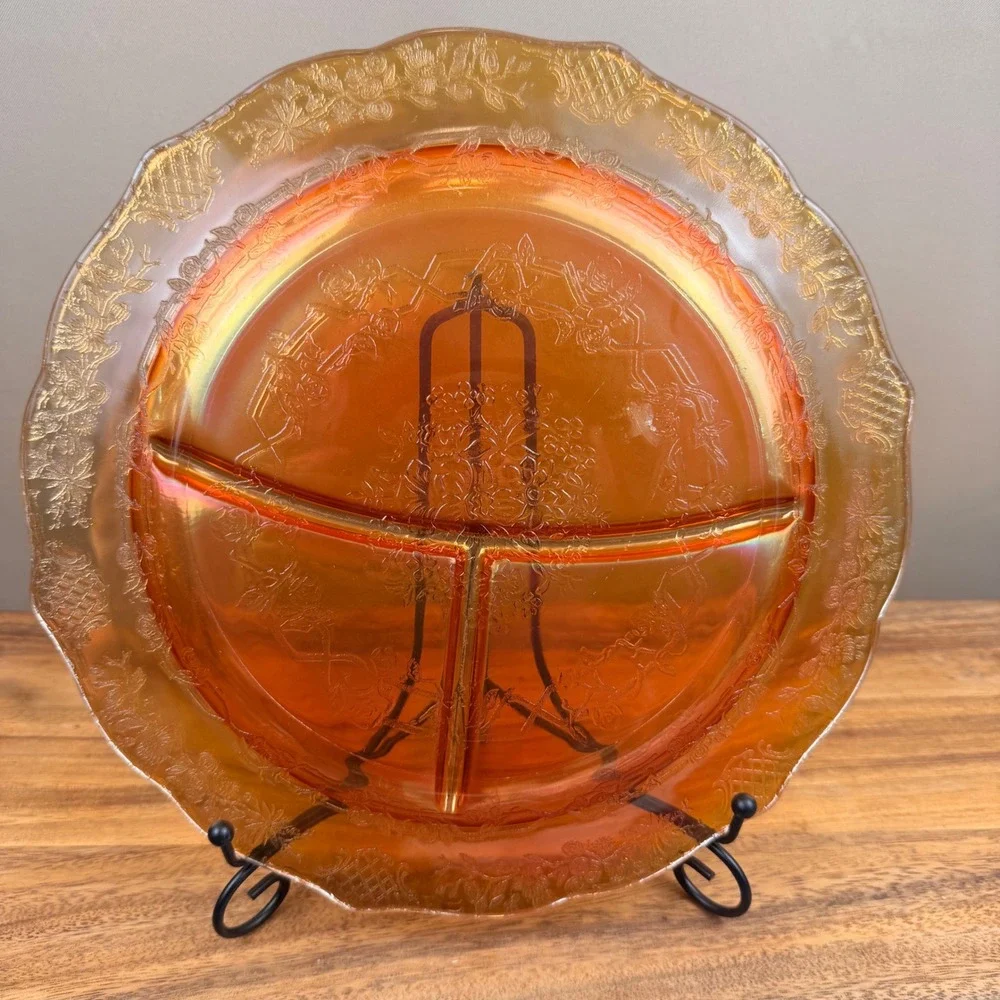 Vintage Federal Glass Normandie Marigold Carnival Grill Plate Iridescent 11in